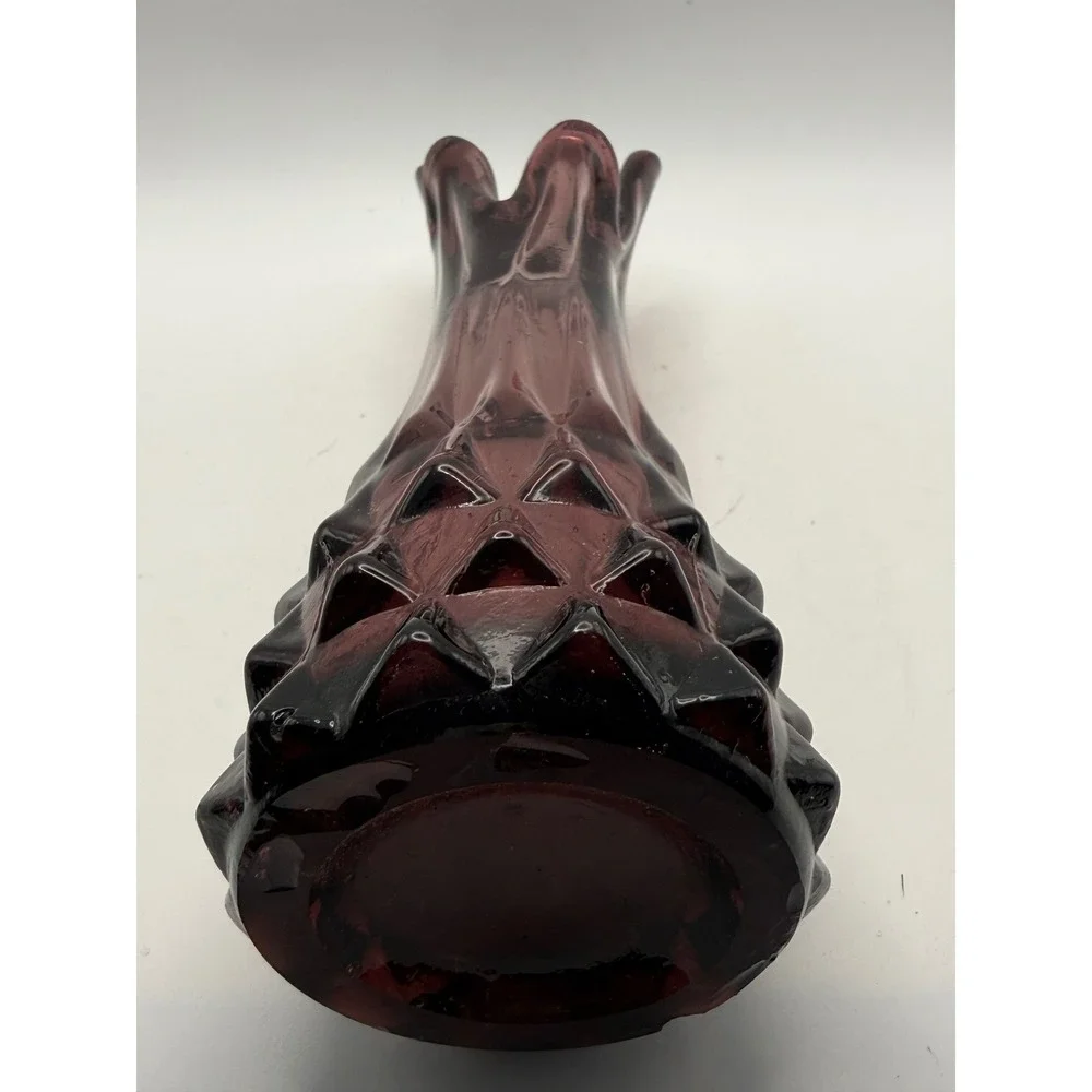 Vtg Amethyst Purple Swung Glass Five Finger Vase Mid Century Modern Diamond Base